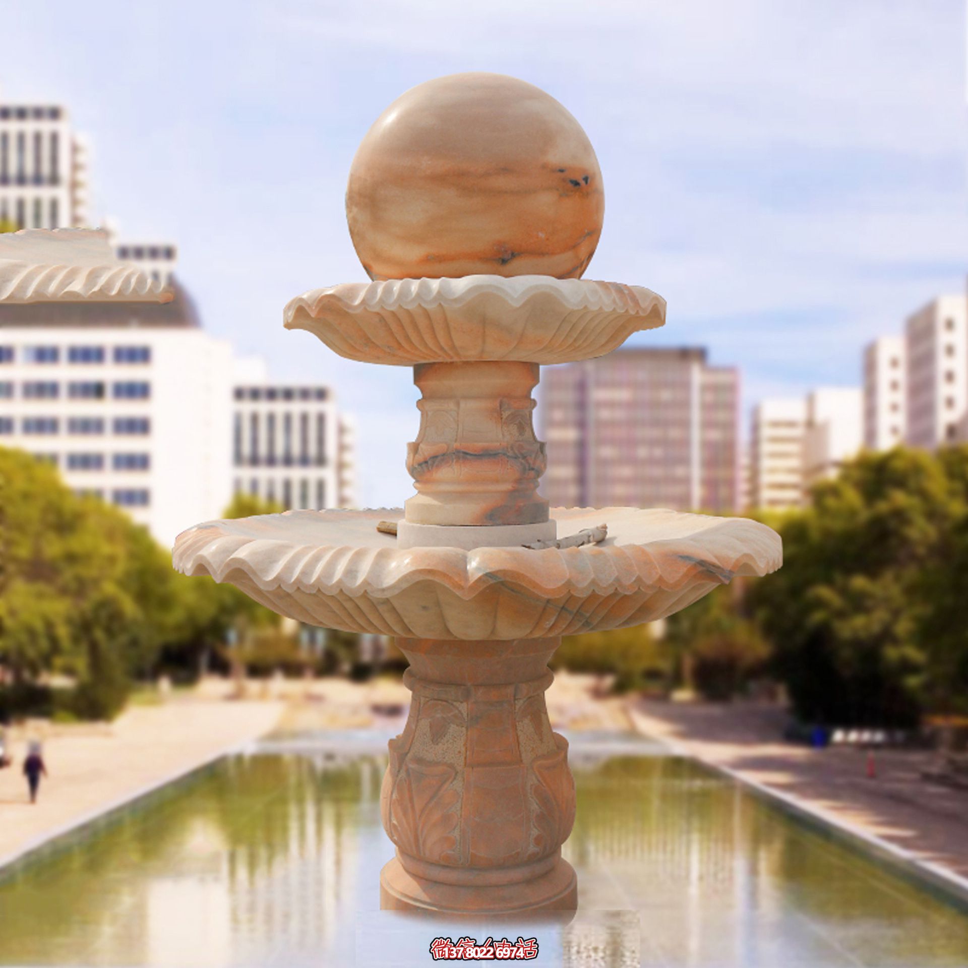 小區(qū)花園水池擺放晚霞紅風(fēng)水球雕塑